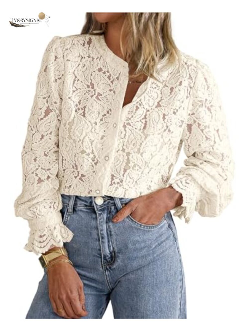 Women's Long Sleeve Lace Button Down Blouse Crew Neck Tunic Work Top